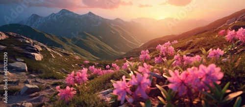 Pink rhododendron flowers on mountain slopes as the sun rises from the mountain, colored sky light, orange, purple, orange © Muhammad