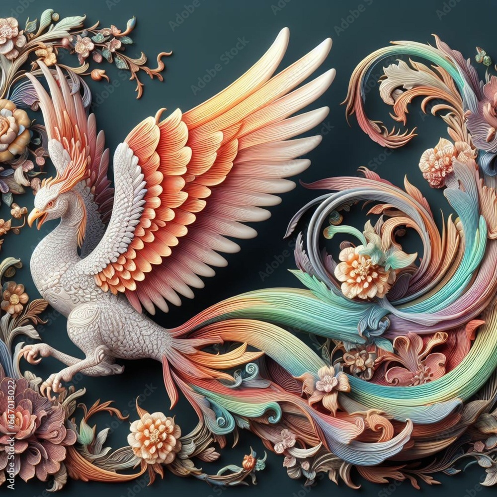 Phoenix with colourfull tail and blossom Phoenix with colourfull tail and blossom