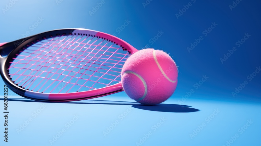 view of creative design of pink tennis racket and blue ball with sports field with daytime shadows,