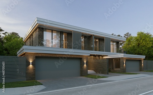 3D visualization of a modern house for two families. Duplex. A beautiful house with a brick facade. Modern architecture