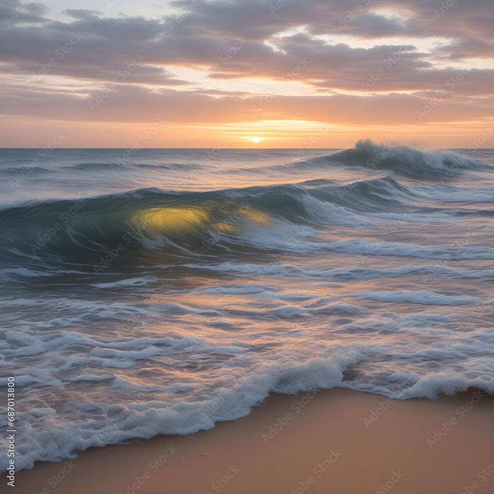 a sunset sea, a roiling waves, a soft sandy beach a sunset sea, a roiling waves, a soft sandy beach