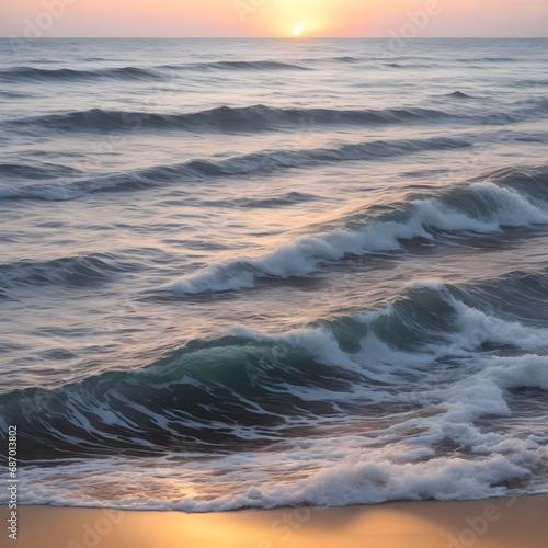 a sunset sea, a roiling waves, a soft sandy beach