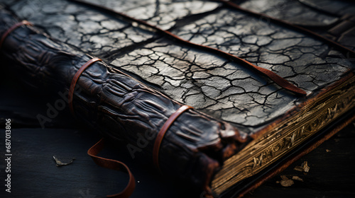 An Old Book: A detailed and textured close-up shot of the pages of an old, worn-out book., Dark grey black slate background, Ai Generated Image, Black lacquer shoes, bow tie and cufflink on the chai

 photo