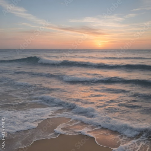 a sunset sea  a roiling waves  a soft sandy beach