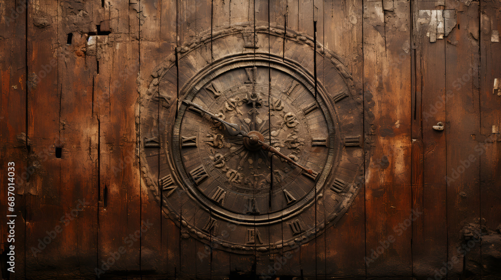 Ancient luxury wooden flooring background with round ornament in the middle created with Generative AI, Old wooden clock with a pendulum hanging on the wall, Old and vintage blank clock dial without

