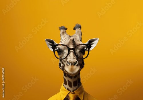 Giraffe with glasses, yellow shirt and tie on a yellow background.