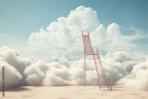 A staircase with a railing leading to the sky.