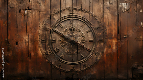 Ancient luxury wooden flooring background with round ornament in the middle created with Generative AI, Old wooden clock with a pendulum hanging on the wall, Old and vintage blank clock dial without