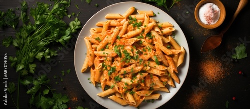 Homemade Penne Alla Vodka with Cheese and Parsley, flat lay.