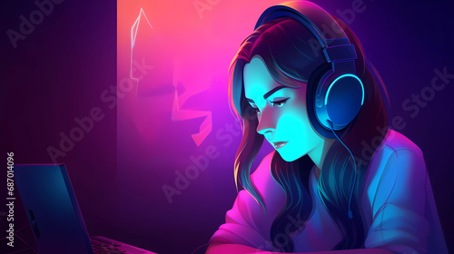 Girl wearing headphone working infront of  laptop with neon-lit light background,Gamer girl playing online game.Vaporwave concept.	