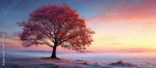 Scenic autumn meadow with foggy sunrise and frost.