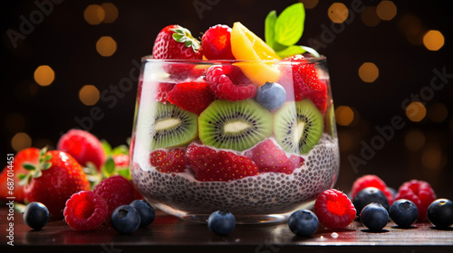 Chia pudding with fresh fruits salad with berries