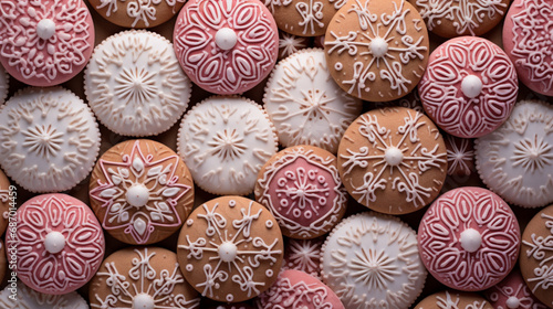 Cookies pattern texture with decorations, set of biscuits menu background