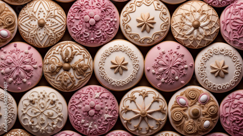 Cookies pattern texture with decorations, set of biscuits menu background