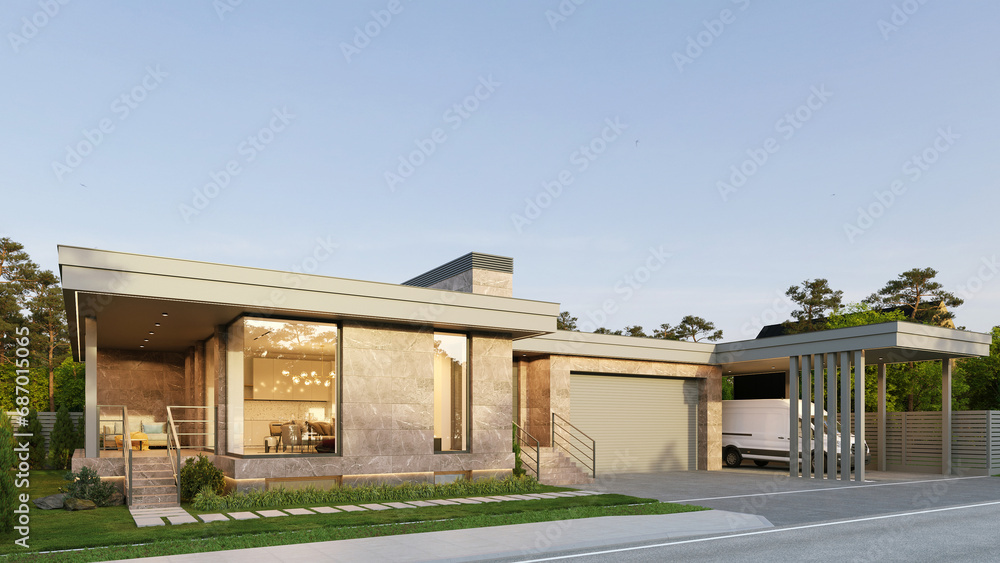 3D visualization of a modern house with a garage and carport. Beautiful architecture. Flat roof house