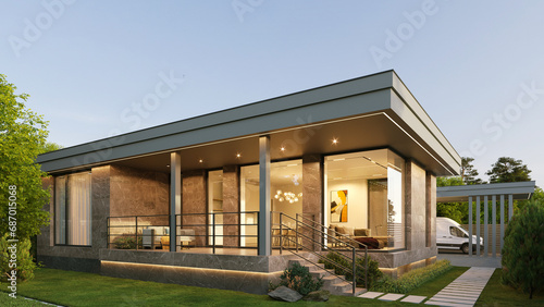 3D visualization of a modern house with a garage and carport. Beautiful architecture. Flat roof house
