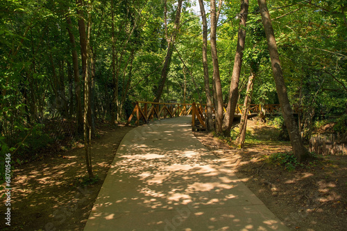 A path and wooden walkway crossing a stream in the Japod Islands, or Japodski Otoci, near Bihac in the Una National Park. Una-Sana Canton, Federation of Bosnia and Herzegovina. Early September photo