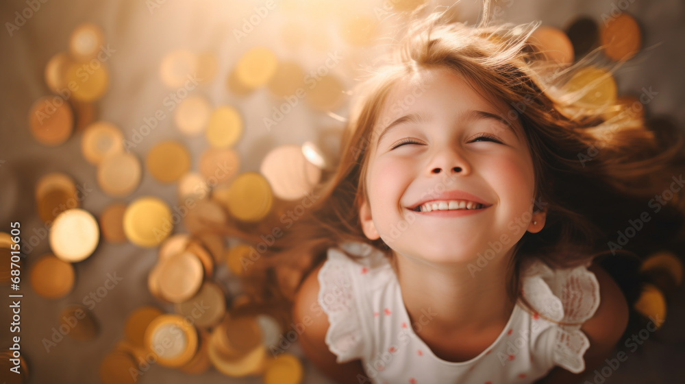 Cute little girl lying on floor with falling golden coins and smiling Cute little girl lying on floor with falling golden coins and smiling