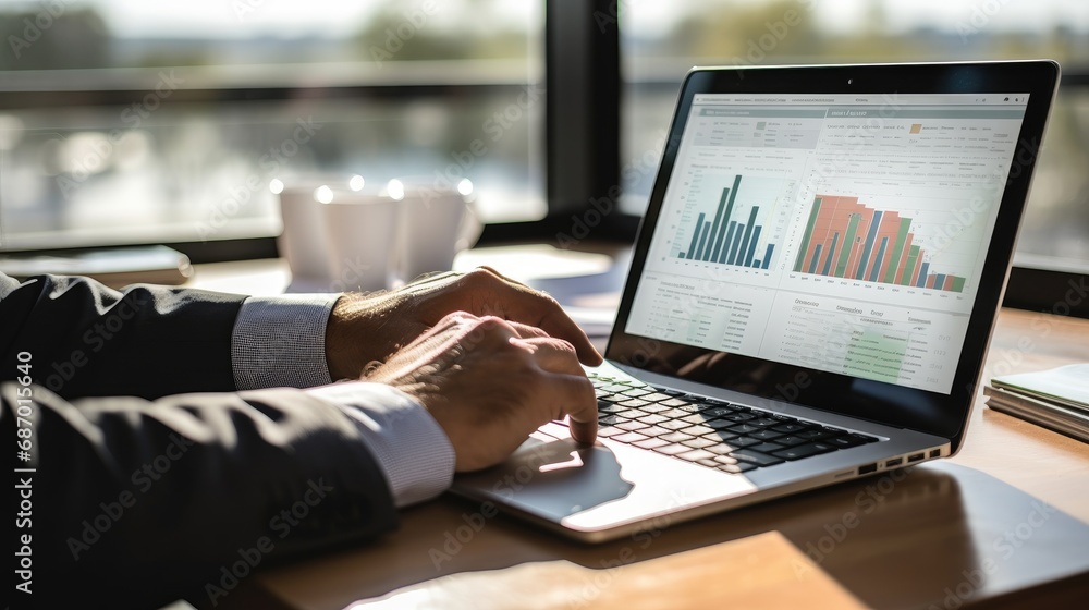 Businessman Consulting Investment Graphs And Financing Of Business Projects On The Laptop. Generative AI Businessman Consulting Investment Graphs And Financing Of Business Projects On The Laptop. Generative AI