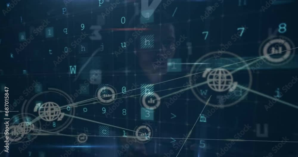 Animation of connected globe and graph icons over multiple words, letters, numbers Animation of connected globe and graph icons over multiple words, letters, numbers