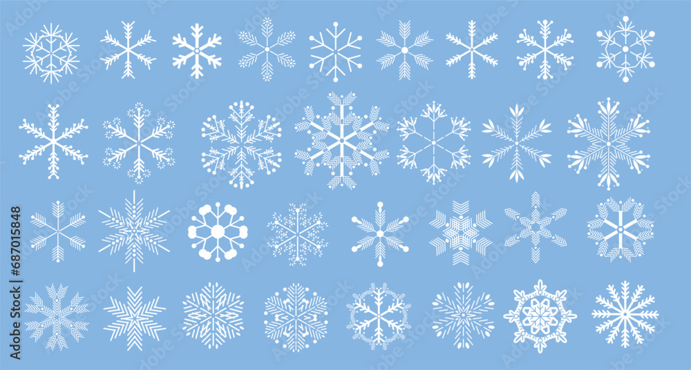 Merry Christmas and Happy New Year holiday design Snowflakes icon set template  background for home decor, christmas market, cover, greeting card, web banner, business card Vector flat illustration