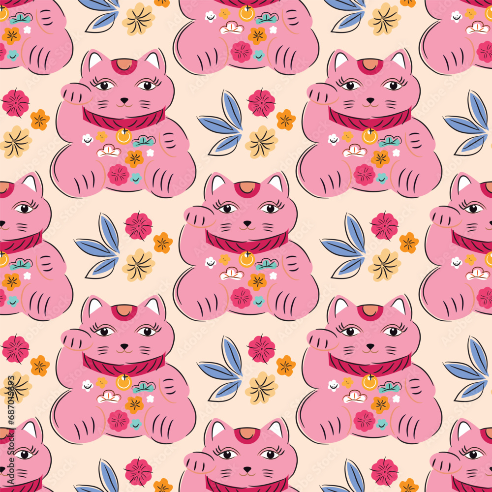 Fototapeta premium Awesome maneki-neko cats seamless pattern Modern cute japanese template texture with lucky charms - Maneki Neko Vector flat trendy illustration
