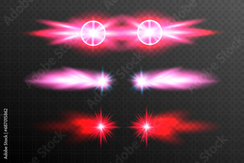 Realistic laser red eyes set. Vector illustration overlays isolated.