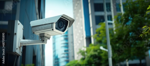 Close up futuristic CCTV security camera in street of smart city photo