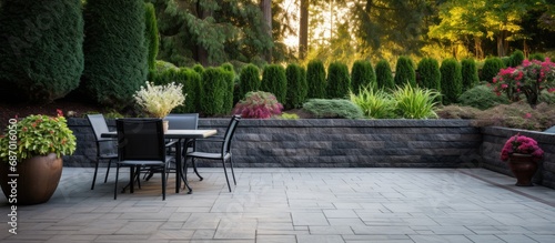 Landscaped patio with retaining wall and pavers. photo