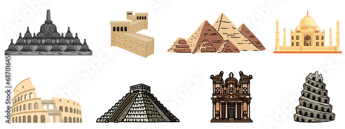 Wonders of the worlds, handrawn, The New Seven Wonders of The Worlds, isolated on transparent background photo