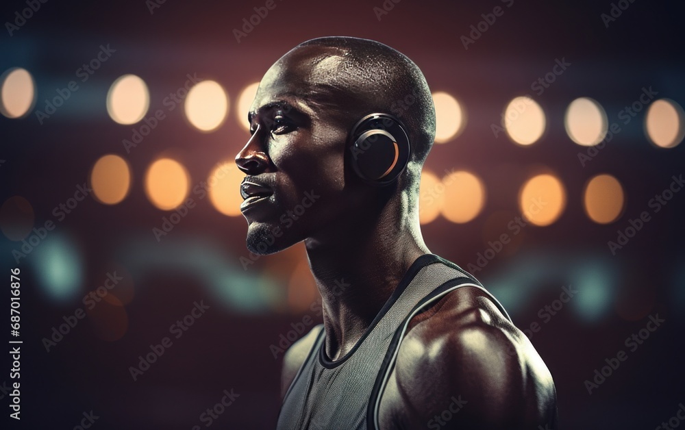 Athletic African American man in headphones on brown background with yellow bokeh. AI