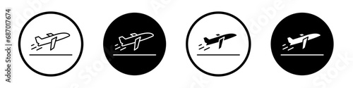 Departures icon set. airport airplane takeoff vector symbol. flight depart sign in black filled and outlined style.