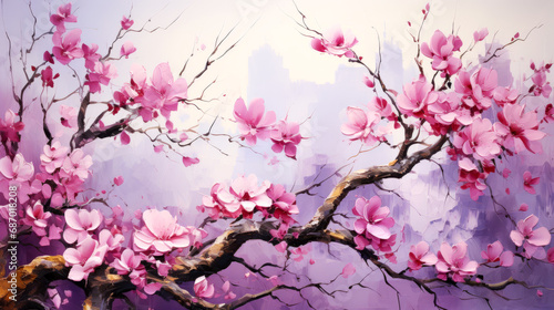 Beautiful pink cherry blossom tree in spring time. Watercolor painting.