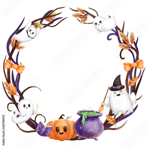 Fototapeta Naklejka Na Ścianę i Meble -  Halloween Wreath Ghost and Pumpkin Watercolor Illustration Clipart