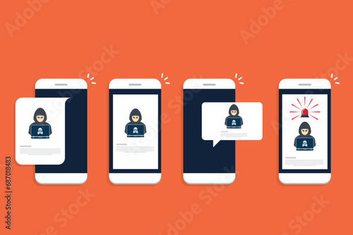 Hacker, malware notification on mobile phone. Smartphone with hacker alert, spam data on cellphone fraud error message, scam, virus.