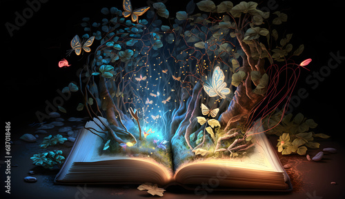 Open magic book with growing lights, magic powder, butterflies. Magic book of elves in the fairy forest. Generative Ai.