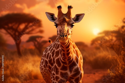 Giraffe running on the savanna at sunset © Alex