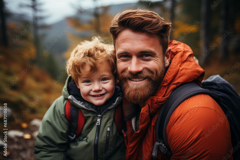 cheerful bearded man with redhead son looking at camera, happy family trip cheerful bearded man with redhead son looking at camera, happy family trip