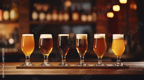 Various types of craft beer in glasses resting on a wooden bar. Pour beer into a row of pint glasses. Five cups of various draught beers in closeup in a pub photo