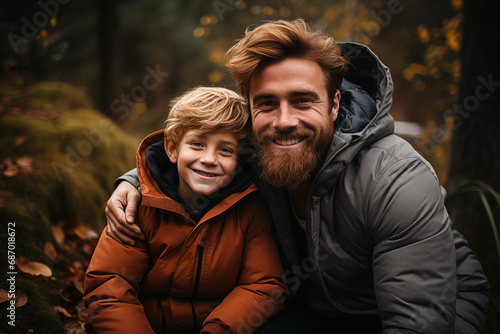 Father and son on a weekend hike outside 