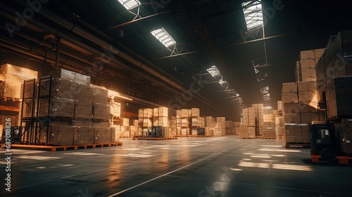 giant warehouses with an excess of goods, emphasizing the problems of excessive production