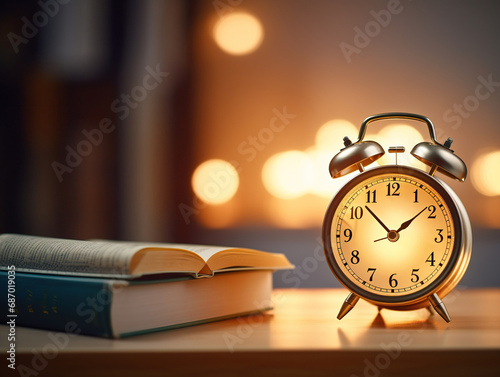 Alarm clock and books on the table in the morning light. 