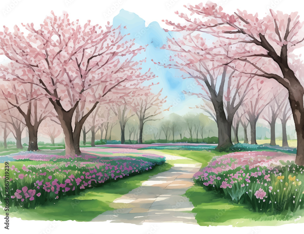 桜並木が続く道の水彩風イラスト Generative AI 桜並木が続く道の水彩風イラスト Generative AI