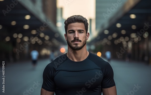 Portrait of muscular man in black t-shirt on an empty city street. AI