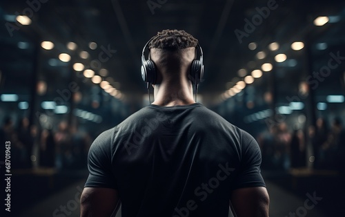 Muscular African American athlete in headphones in the gym with his back in the frame