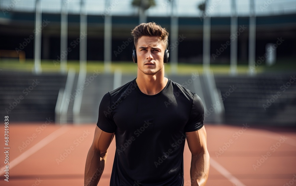 Athletic man in black t-shirt wearing headphones at the stadium. AI Athletic man in black t-shirt wearing headphones at the stadium. AI