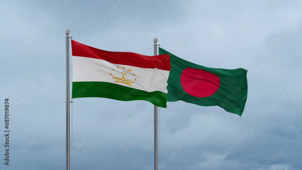 Bangladesh flag and Tajikistan flag waving together on cloudy sky, endless seamless loop, two country relations concept Bangladesh flag and Tajikistan flag waving together on cloudy sky, endless seamless loop, two country relations concept