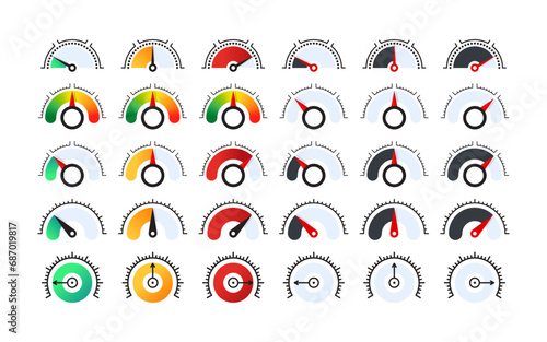 Risk meter icons. Efficiency meter signs. Performance measurement. Customer satisfaction. Vector scalable graphics