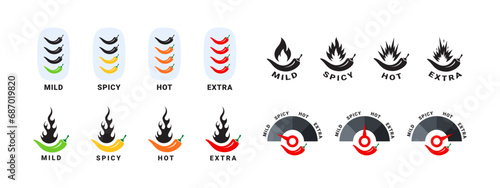 Spicy level icons set. Hot natural chili pepper symbols. Spicy and hot. Vector scalable graphics photo