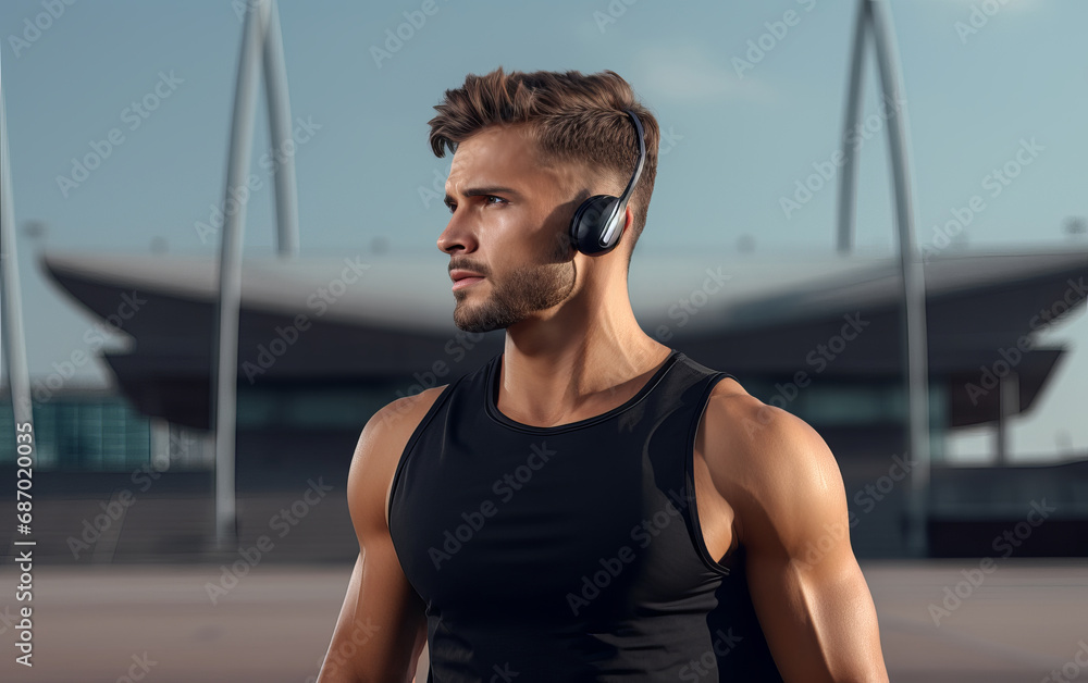 Athletic man in black tank top wearing headphones outdoors. AI
